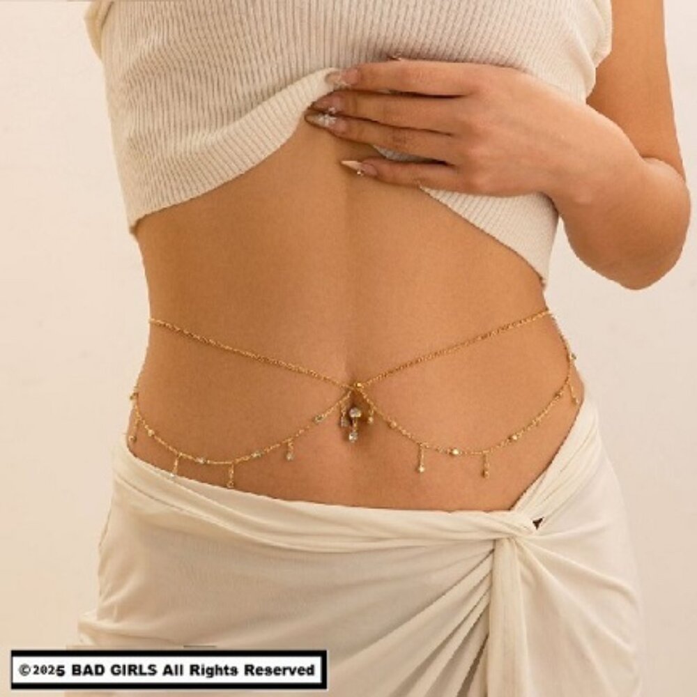 Sexy Gold Double Dangle Crystals Belly Waist Body Chain ~ NBC-6006